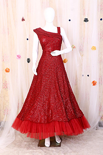 Maroon Sequins Gown with Ruffles Net Border