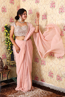 Peach Pre draped Sari with Mirror embroidered blouse