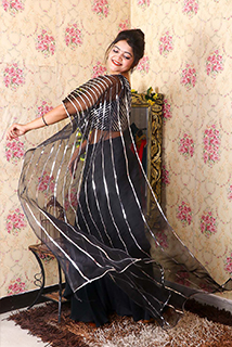 Black Predraped Sari With Silver Work Blouse