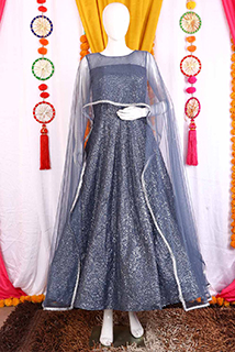Grey Sequins Gown With Attached Dupatta