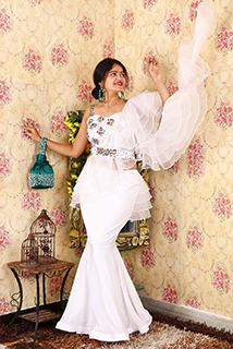 White Mermaid Sari With Stitched Blouse and Belt