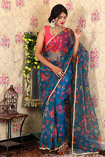 Printed Organza Sari With Unstitched Blouse Piece