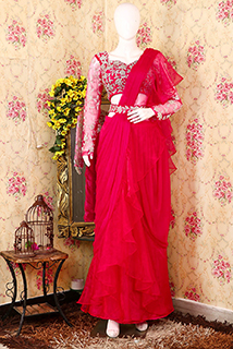 Hot Pink Predraped Saree with Hand Embriodered Blouse