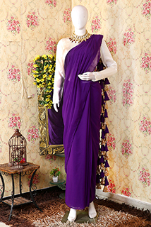 Purple predraped cones pallu designer saree with unstitched blouse