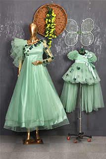 Green Flower Mother Daughter Combo Dress