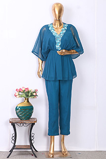 Teal Hand Embroidered Georgette Co-Ord Set