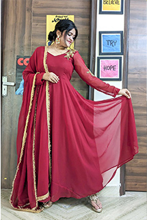 MaroonHand Embroidered Anarkali with Dupatta