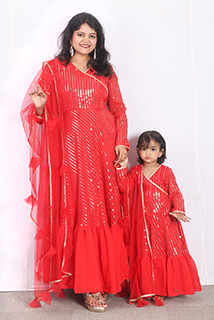 Red Sequins Georgette Mother Daughter Anarkali Suit combo