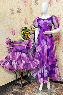 Purple floral Print Organza Mother Daughter Western combo