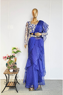 Royal Blue Pre-Draped Saree With Hand Embroidered Blouse