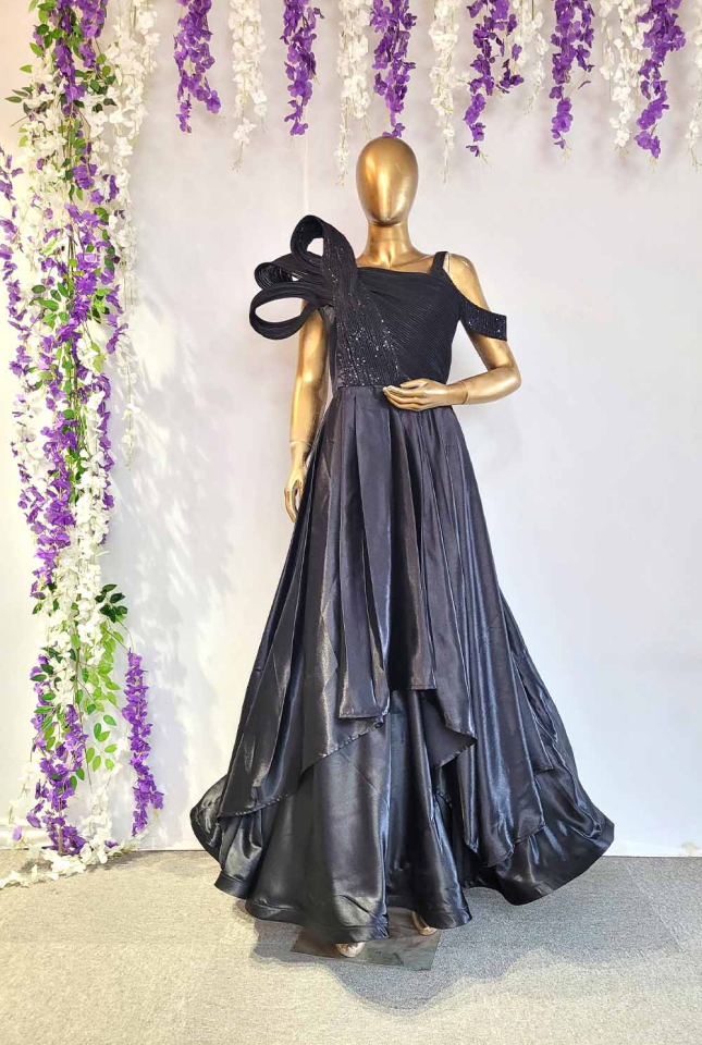 Black Wired Draped Satin Gown