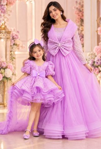 Lavender Mother Daughter Matching Party Wear Dress