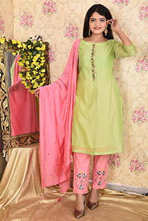 Pastel Green- Pink Embroidered Kurta Set with Dupatta