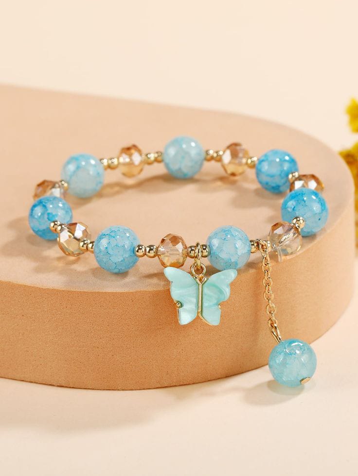 Sky Blue Butterfly Charm Glass Beaded Bracelet