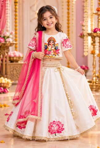 White and Pink Lotus Embroidered Lehenga Choli for Girls
