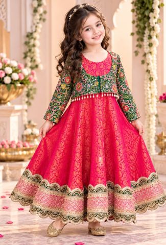 Pink Brocade Anarkali with Green Embroidered Jacket for Girls